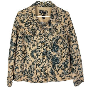 Carole Little Vintage Linen Jacket Womens Plus Size 1X Cream Blue Paisley Print